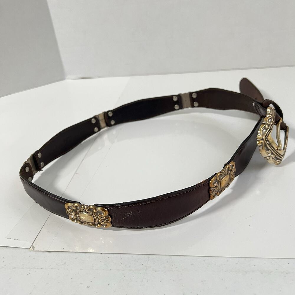 Fossil Brown Leather Belt Western Concho Womens XL Silver Gold 90’s Y2K - Picture 5 of 12